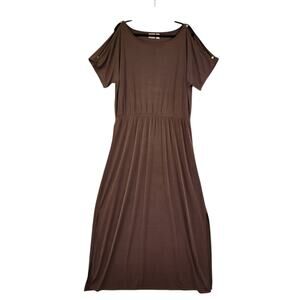 Chicos Womens Maxi Dress Size Large Chocolate Brown Cold Shoulder Stretch Travel